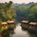 A serene river flowing through lush green forests with people kayaking and enjoying the natural beauty of Dandeli. The sun casts a warm glow on the landscape, creating a picturesque scene.