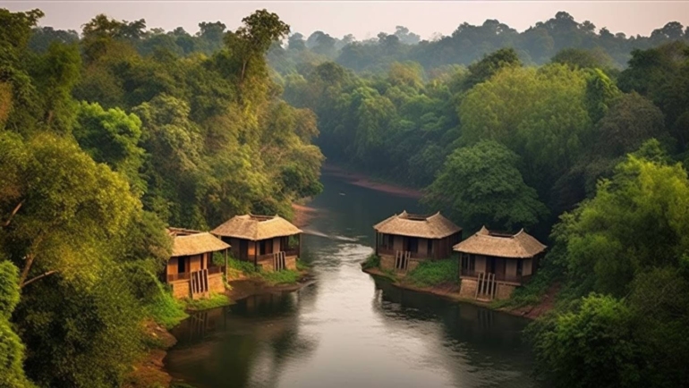 A serene river flowing through lush green forests with people kayaking and enjoying the natural beauty of Dandeli. The sun casts a warm glow on the landscape, creating a picturesque scene.