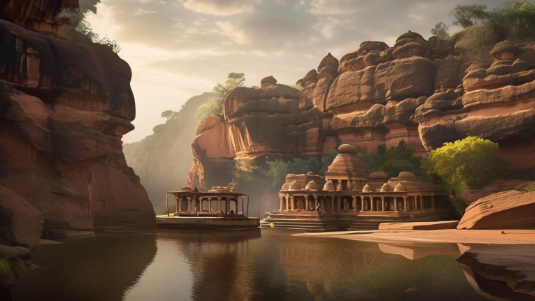 A captivating view of the historic town of Badami in Karnataka, India. The image showcases ancient rock-cut caves, intricate sculptures, and the stunning landscape, offering a glimpse into the rich history and architectural heritage of Badami.