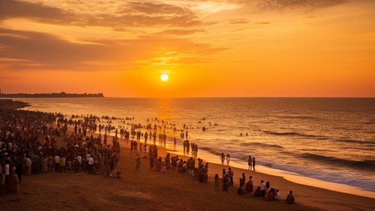 Sunset over the serene waters of Pondicherry, showcasing tranquility and diversity.