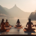 Yogis in a serene yoga retreat in Rishikesh, India, practicing mindfulness and spiritual meditation amidst nature.