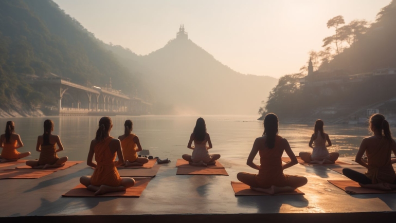 Yogis in a serene yoga retreat in Rishikesh, India, practicing mindfulness and spiritual meditation amidst nature.