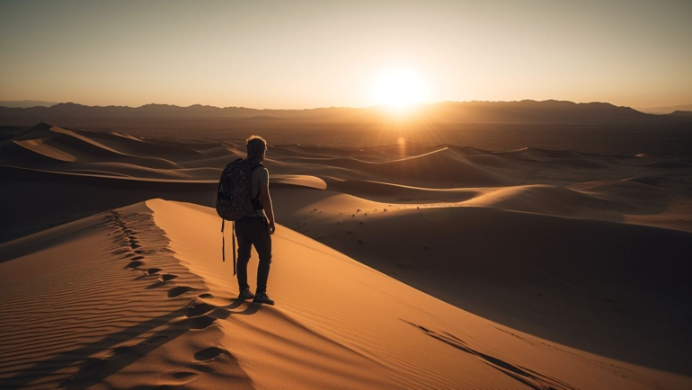 Solo travel Adventure solo traveler embracing the golden desert landscape