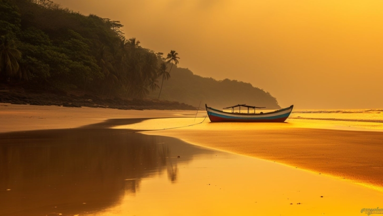 A serene beachscape on one of India's tropical islands, showcasing crystal-clear waters, golden sands, and lush greenery.