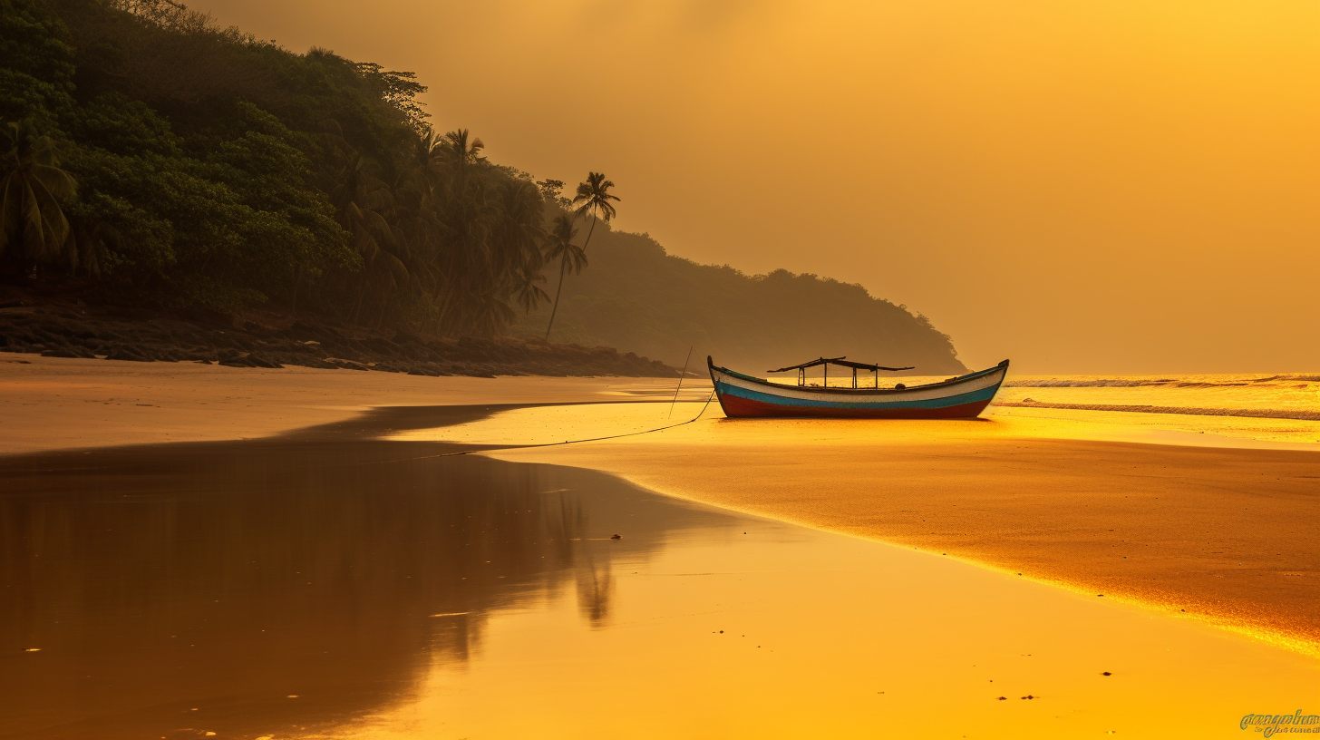 A serene beachscape on one of India's tropical islands, showcasing crystal-clear waters, golden sands, and lush greenery.