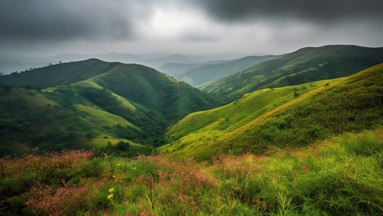 A serene landscape of Vagamon, Kerala, with lush green hills, meadows, and a tranquil ambiance.
