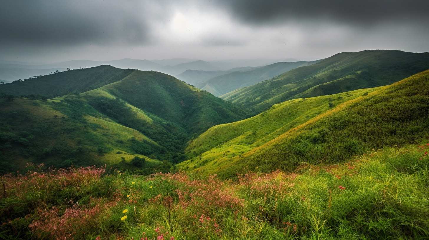 A serene landscape of Vagamon, Kerala, with lush green hills, meadows, and a tranquil ambiance.
