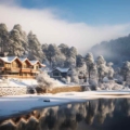A serene winter landscape in Himachal Pradesh, showcasing snow-covered mountains, pine trees