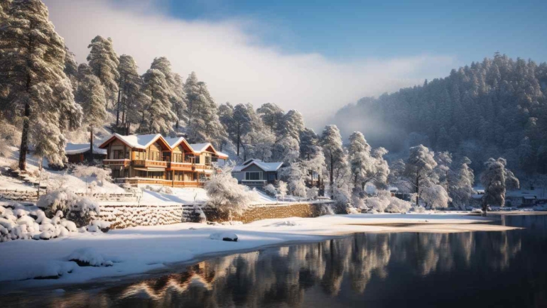 A serene winter landscape in Himachal Pradesh, showcasing snow-covered mountains, pine trees