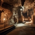 An underground cave with intricate stalactites and stalagmites creating a beautiful, otherworldly landscape. Light filters in from an opening, illuminating the cave's natural formations, showcasing the mysterious allure of Belum Cave's hidden beauty.