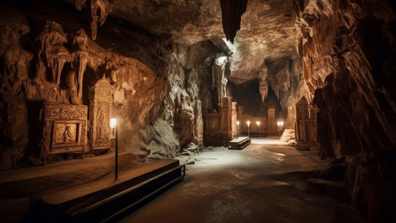 An underground cave with intricate stalactites and stalagmites creating a beautiful, otherworldly landscape. Light filters in from an opening, illuminating the cave's natural formations, showcasing the mysterious allure of Belum Cave's hidden beauty.
