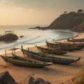 A serene beachscape in Gokarna, India, showcasing its enchanting charm and hidden gem status, featuring golden sands, turquoise waters, and a backdrop of lush greenery.