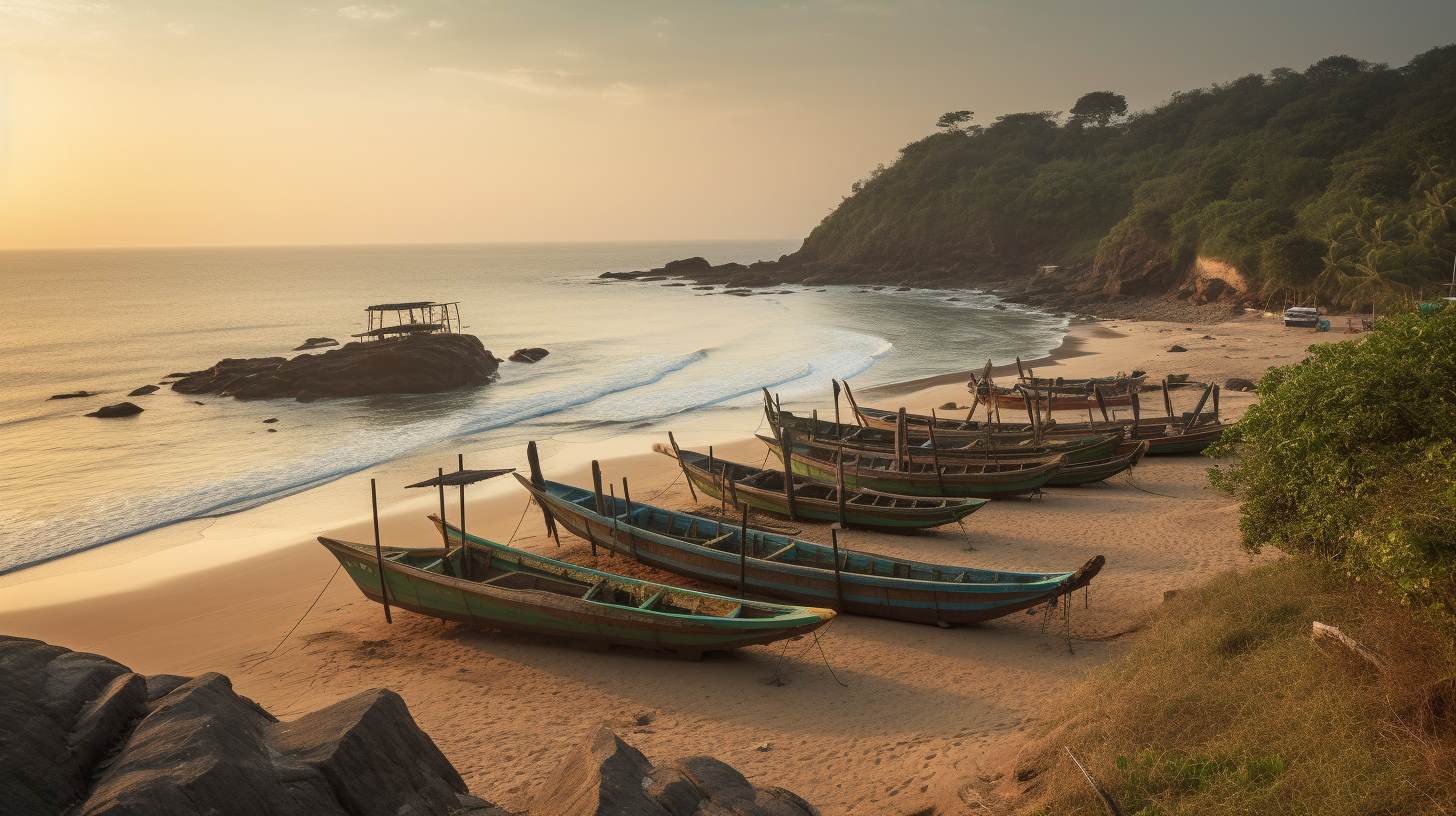 A serene beachscape in Gokarna, India, showcasing its enchanting charm and hidden gem status, featuring golden sands, turquoise waters, and a backdrop of lush greenery.