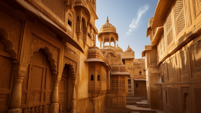 A panoramic view of Jaisalmer, a city in the desert. The golden-hued fort stands tall amidst sand dunes, with intricate architecture and bustling streets. The sun sets, casting a warm, golden glow over the city, evoking a sense of timeless charm and beauty.