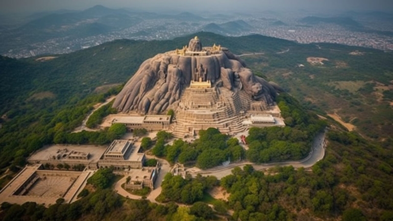 A serene landscape featuring ancient structures surrounded by lush greenery, encapsulating the spiritual and historical essence of Shravanabelagola.