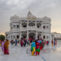 A serene view of the Temple of Divine Love, a masterpiece in Vrindavan, radiating divine energy and architectural splendor.