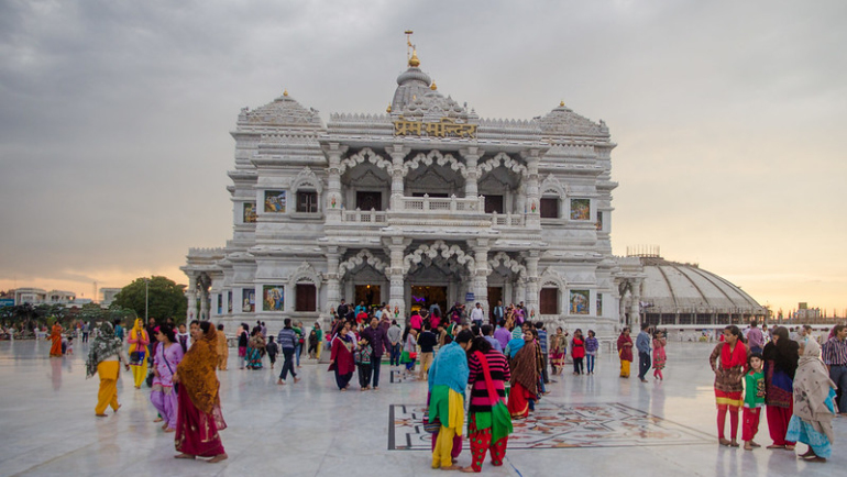 A serene view of the Temple of Divine Love, a masterpiece in Vrindavan, radiating divine energy and architectural splendor.