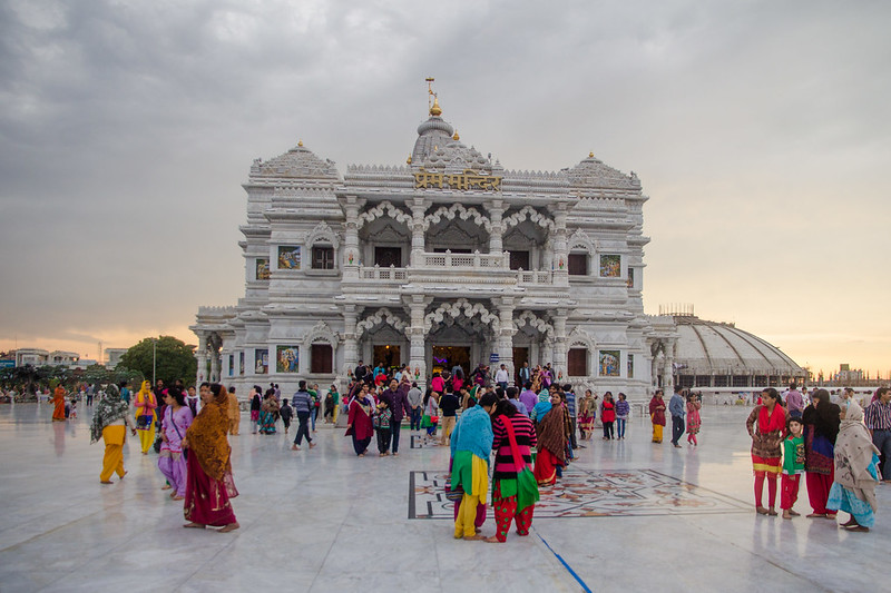 A serene view of the Temple of Divine Love, a masterpiece in Vrindavan, radiating divine energy and architectural splendor.