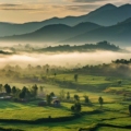 Breathtaking view of Araku Valley landscape with lush greenery, winding roads, and distant mountains.