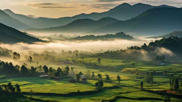 Breathtaking view of Araku Valley landscape with lush greenery, winding roads, and distant mountains.