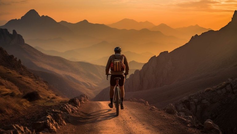 A breathtaking panoramic view of cyclists pedaling through scenic landscapes during an epic cycling journey.
