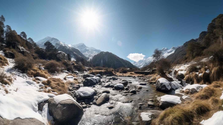 A mesmerizing view of the lush green landscapes and snow-capped peaks in Chopta, the Hidden Paradise for Nature Enthusiasts.