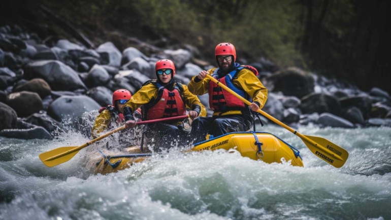 Exciting white-water rafting adventure in Manali, navigating through thrilling rapids.