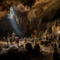 Stalactites and stalagmites creating a mesmerizing underground landscape during caving adventure in Meghalaya