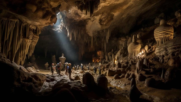 Stalactites and stalagmites creating a mesmerizing underground landscape during caving adventure in Meghalaya
