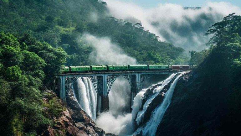 View of Dhudhsagar Falls surrounded by lush greenery and rocky cliffs in Goa, India