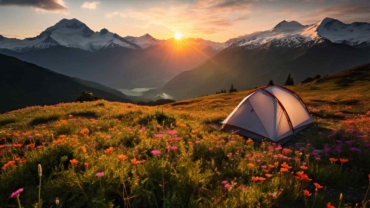 A mesmerizing sunset over the serene mountains, showcasing the beauty of camping in India.