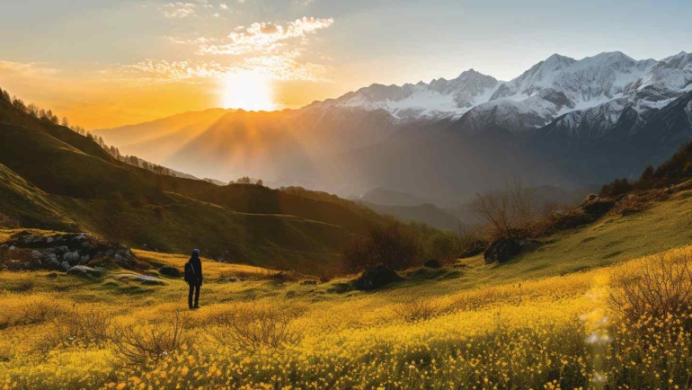 A breathtaking view of Chaukori Hill Station, surrounded by lush greenery and majestic mountains.