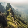 A rugged hilltop fort, Harihar Fort, nestled amidst lush greenery and rocky terrain. Steep staircases lead hikers upwards, surrounded by dense foliage clinging to ancient stones. A panoramic view reveals misty valleys below, evoking a sense of adventure and exploration.