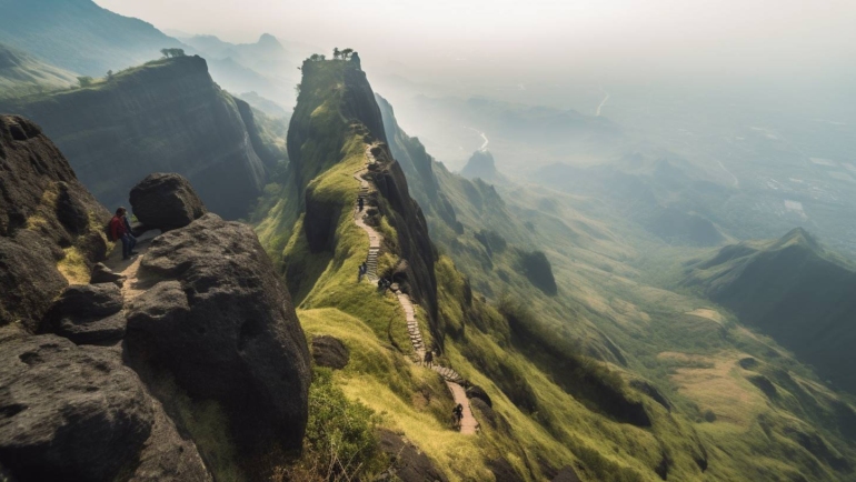 A rugged hilltop fort, Harihar Fort, nestled amidst lush greenery and rocky terrain. Steep staircases lead hikers upwards, surrounded by dense foliage clinging to ancient stones. A panoramic view reveals misty valleys below, evoking a sense of adventure and exploration.