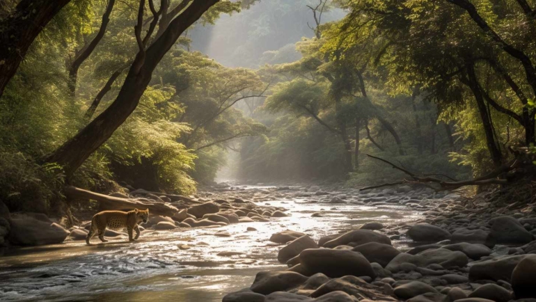 Captivating wilderness at Jim Corbett National Park: Nature's Marvel, showcasing lush landscapes, diverse wildlife, and the untamed beauty of nature.