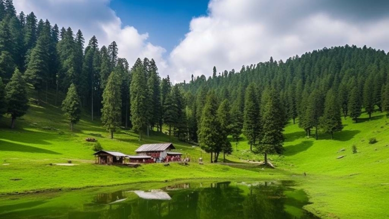 Khajjiar, a serene landscape nestled in the Himalayas, surrounded by lush greenery and snow-capped peaks."