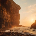 Golden sunlight illuminating majestic coastal cliffs in India, waves crashing against rocks, lone adventurer exploring hidden caves, evoking awe and discovery.