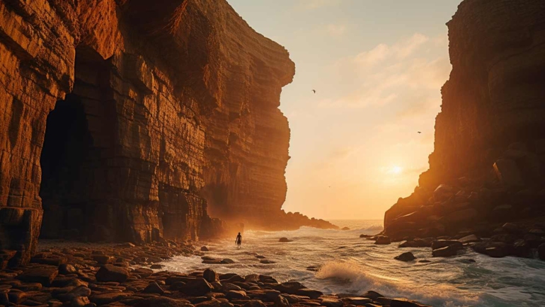 Golden sunlight illuminating majestic coastal cliffs in India, waves crashing against rocks, lone adventurer exploring hidden caves, evoking awe and discovery.