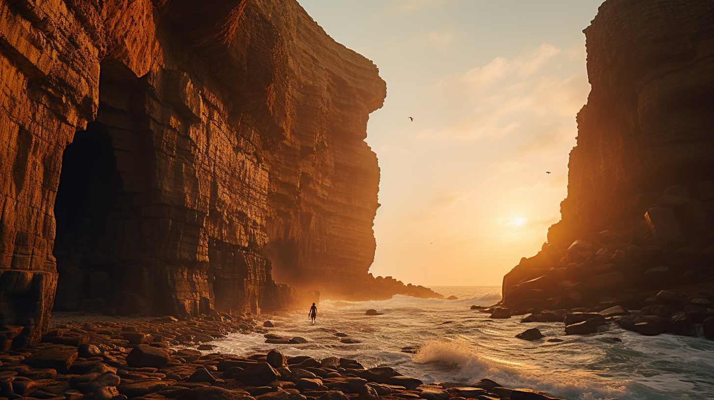 Golden sunlight illuminating majestic coastal cliffs in India, waves crashing against rocks, lone adventurer exploring hidden caves, evoking awe and discovery.