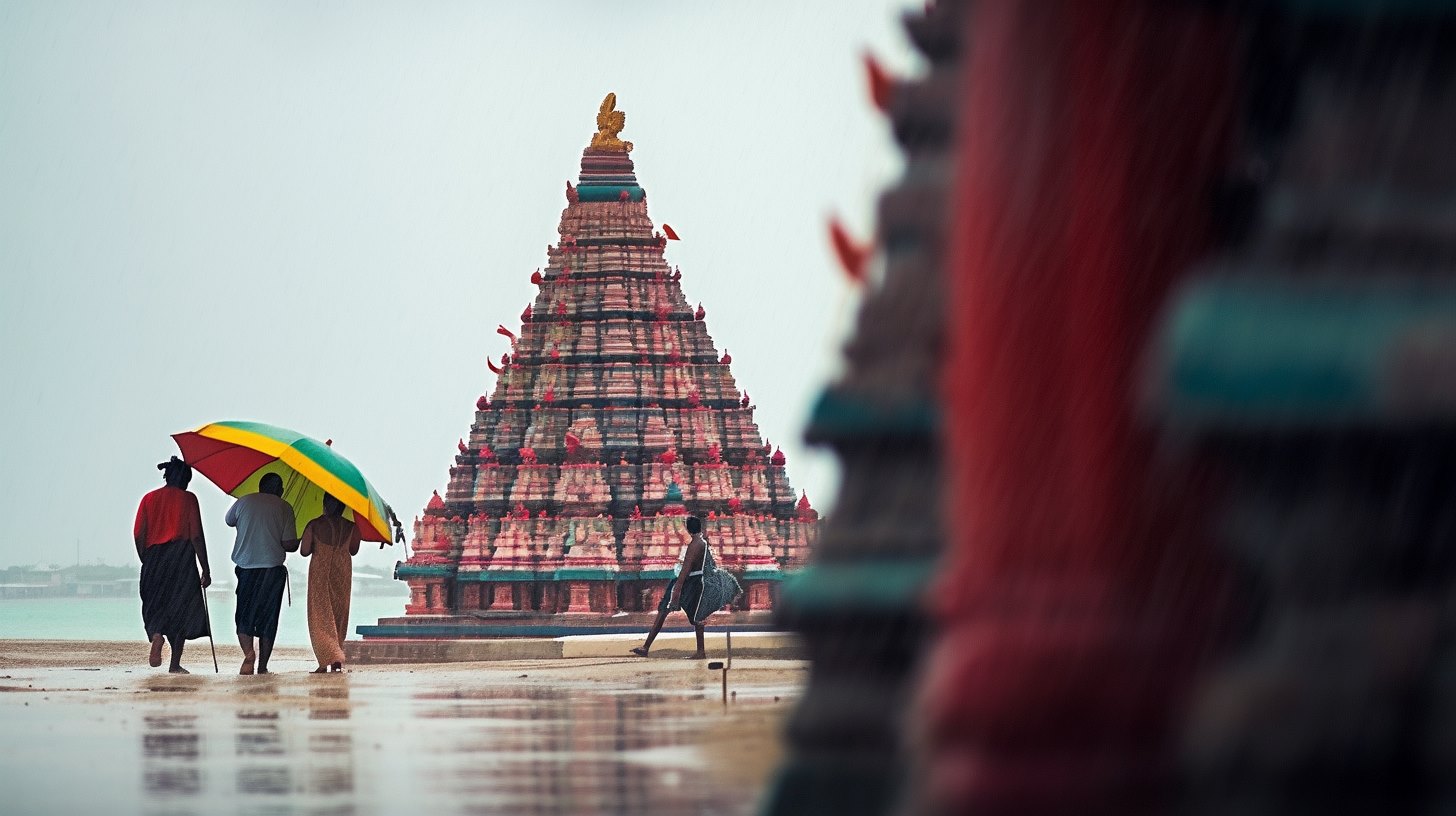 Rameshwaram Revealed book cover featuring a serene shoreline, adorned with sacred temples and cultural motifs.