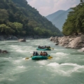 A riveting image capturing the essence of Rishikesh River Rafting, with adventurers navigating through turbulent rapids, surrounded by lush greenery and towering cliffs, evoking the thrill of the adventure amidst nature's breathtaking beauty.