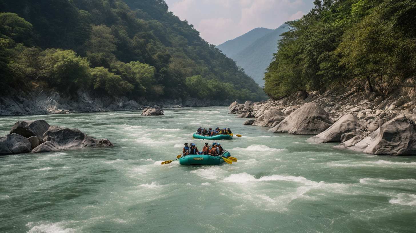 A riveting image capturing the essence of Rishikesh River Rafting, with adventurers navigating through turbulent rapids, surrounded by lush greenery and towering cliffs, evoking the thrill of the adventure amidst nature's breathtaking beauty.