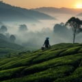 A picturesque view of India's lush tea plantations under a golden sunset.