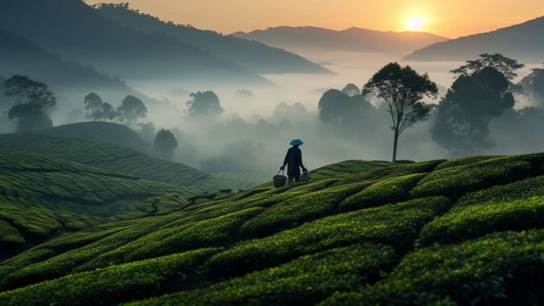 A picturesque view of India's lush tea plantations under a golden sunset.