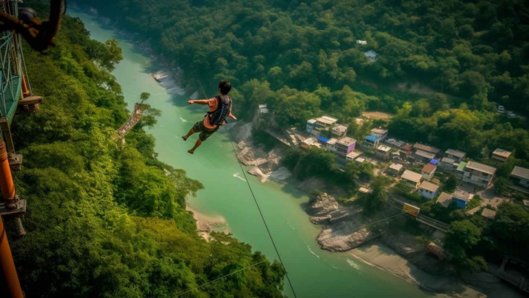 Excited bungee jumper leaping off the platform in Rishikesh.
