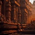 The Divine Sanctum: Shankaracharya Temple - A majestic sunrise bathes the temple in warm light, revealing intricate carvings and details on the ancient walls. Worshippers engage in morning prayers under the soft glow of the early sun.