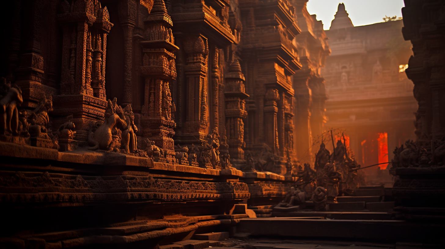 The Divine Sanctum: Shankaracharya Temple - A majestic sunrise bathes the temple in warm light, revealing intricate carvings and details on the ancient walls. Worshippers engage in morning prayers under the soft glow of the early sun.