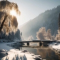 A captivating winter landscape with snow-covered mountains and a serene valley in Jammu and Kashmir.