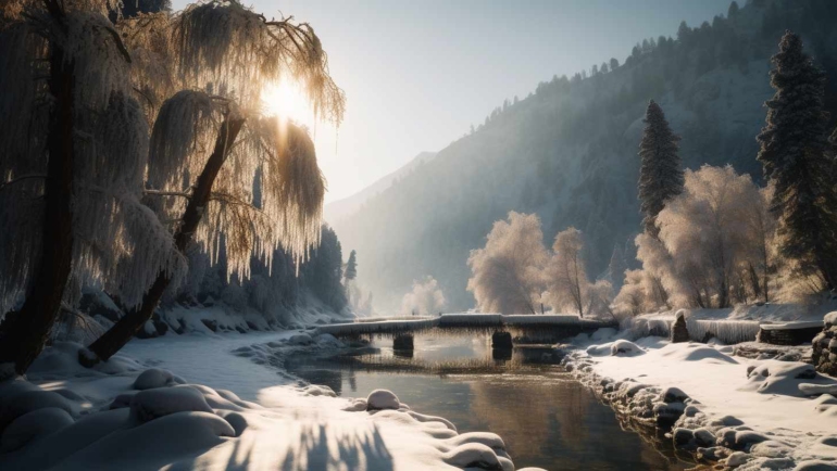 A captivating winter landscape with snow-covered mountains and a serene valley in Jammu and Kashmir.