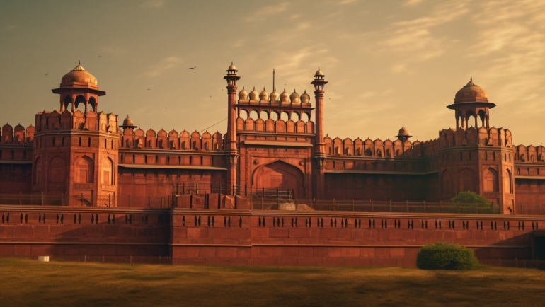 A panoramic view of India's iconic heritage gem, the Red Fort, showcasing its majestic architecture and historical significance.